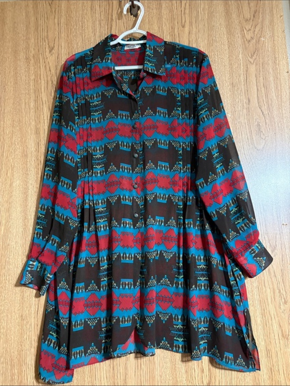 Tasha Polizzi Long-Sleeve Button Tunic Dress in Red and Teal